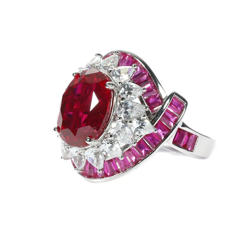 Sterling Silver Oval Cut Ruby High Carbon Diamonds Ring