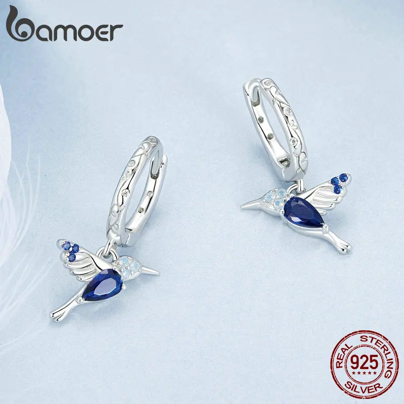 Sterling Silver Blue Opal Hummingbird Hoop Earrings for Women