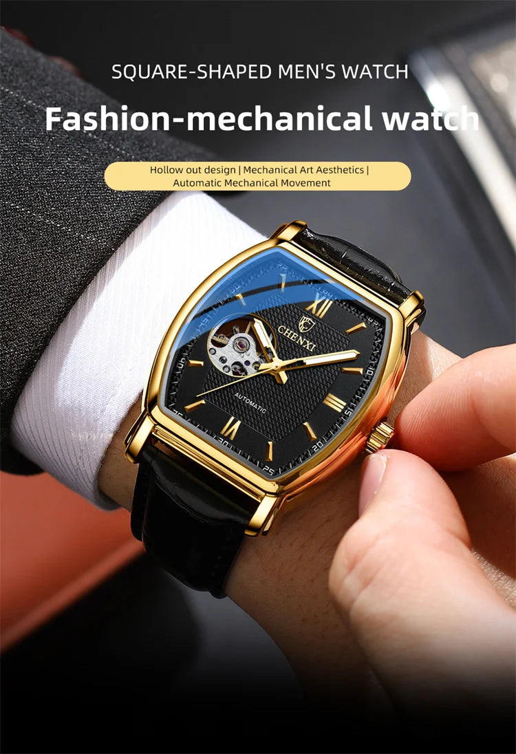 Stainless Steel Fashion Square Hollow Out Mechanical Watch for Men