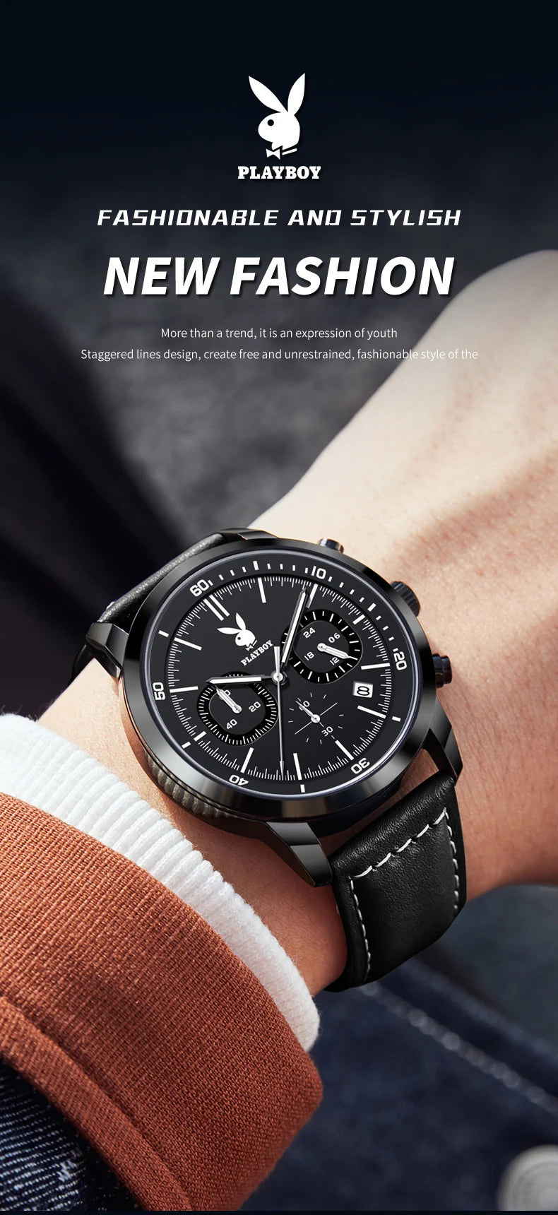 Leather Strap Quartz Multifunction Sports Watch for Men