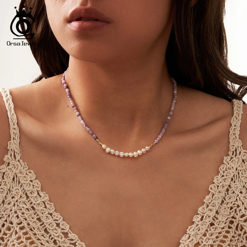 925 Silver Natural Stone Beaded Necklace with Purple Mica and Freshwater Pearls for Women choker