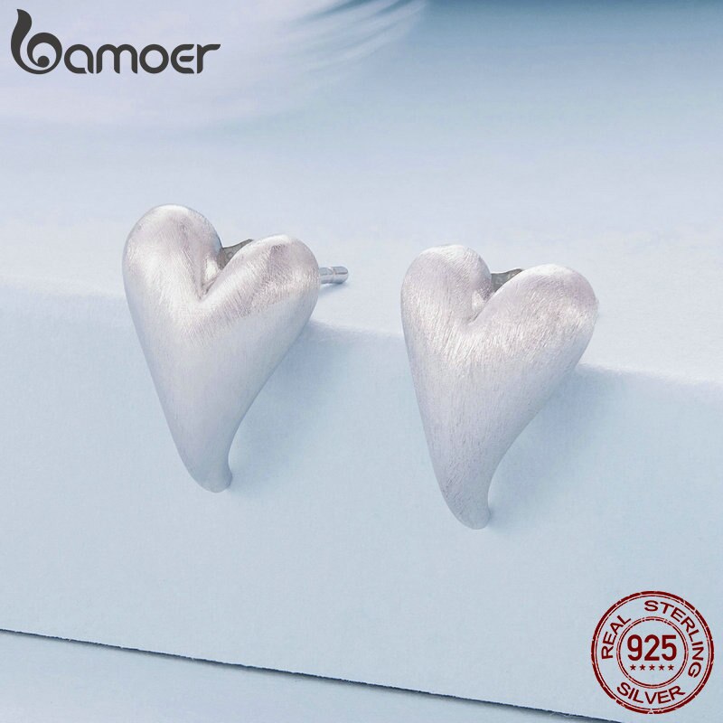 925 Sterling Silver Heart Stud Earrings, Platinum Plated for Women