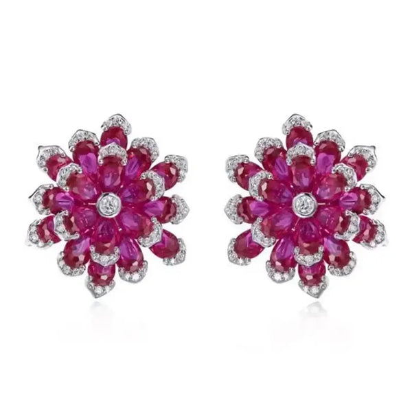 925 Sterling Silver Ruby & Diamond Flower Earrings for Women