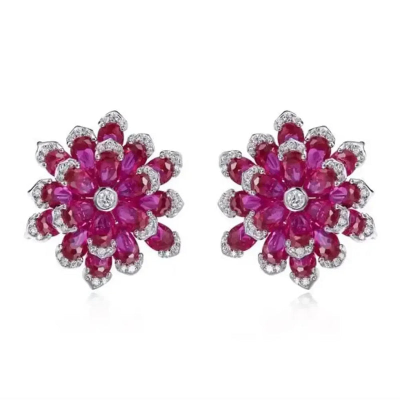 925 Sterling Silver Ruby & Diamond Flower Earrings for Women