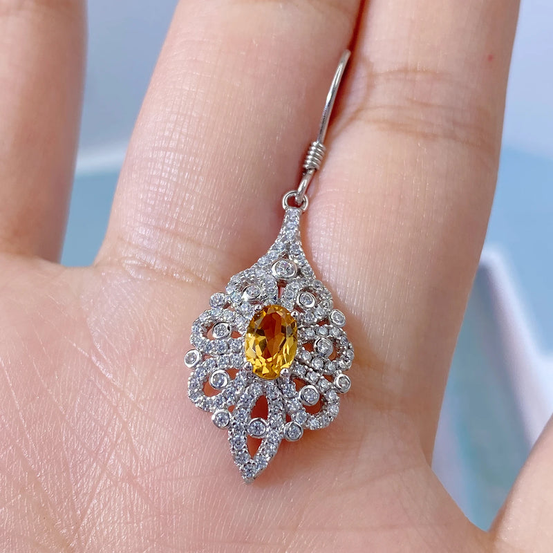 Sterling Silver Citrine Zircon Flower Drop Earrings for Women