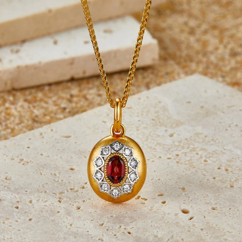 Sterling Silver Natural Garnet Oval Pendant Necklace for Women