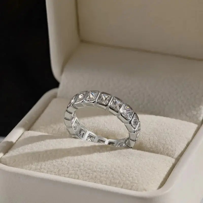 Sterling Silver Rectangular Diamond Ring for Women