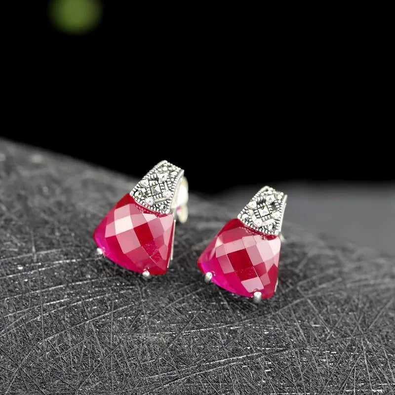 Sterling Silver Red Gemstone Stud Earrings for Women