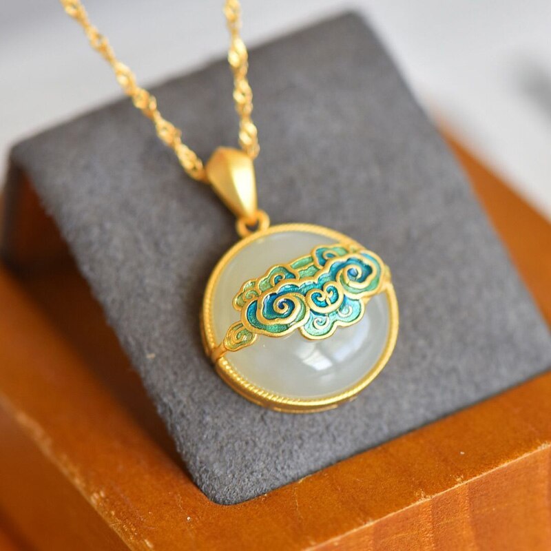 White Jade White Jade Round Necklace Pendant with Enamel Auspicious Cloud for Women