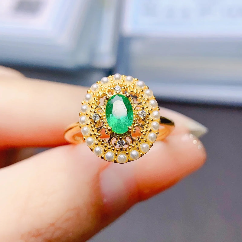 Sterling Silver Natural Emerald Ring for Women