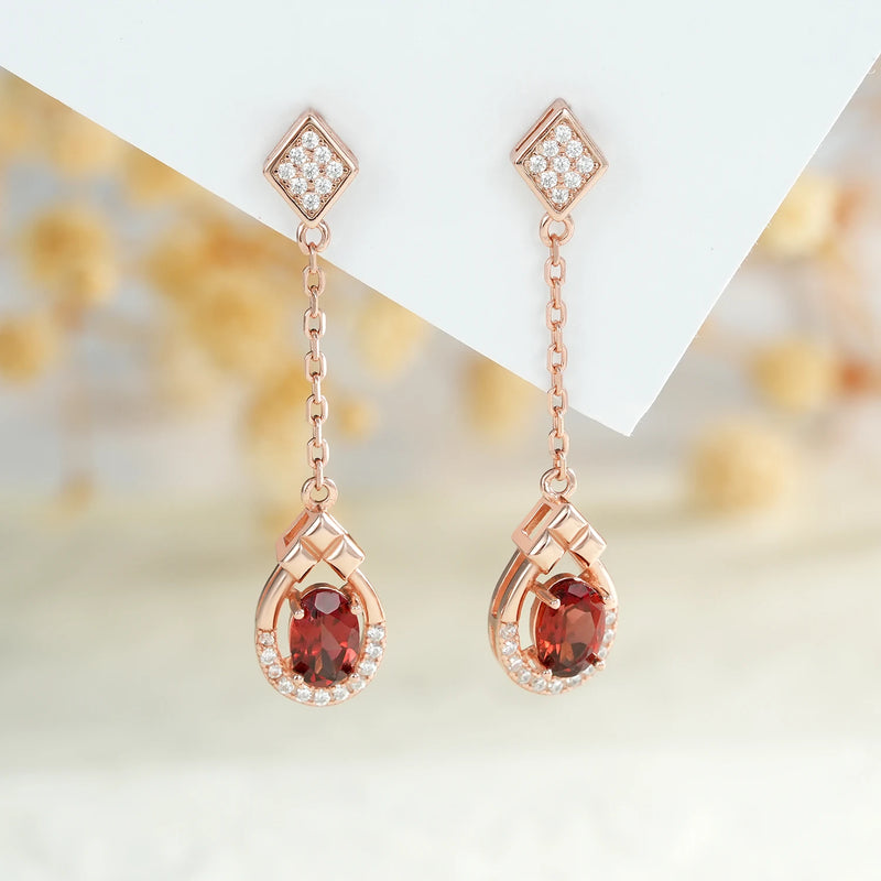 925 Sterling Silver Natural Red Garnet Drop Earrings for Women