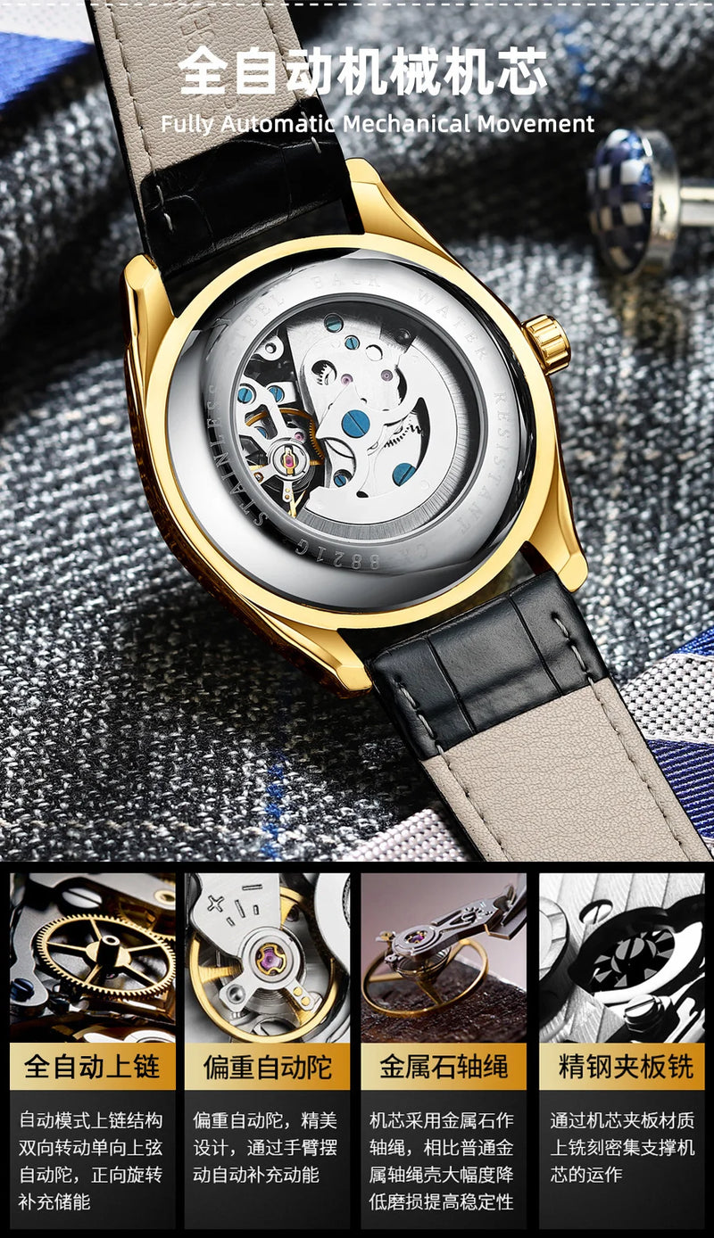 Stainless Steel Leather Strap Automatic Skeleton Luminous Waterproof Watch for Men