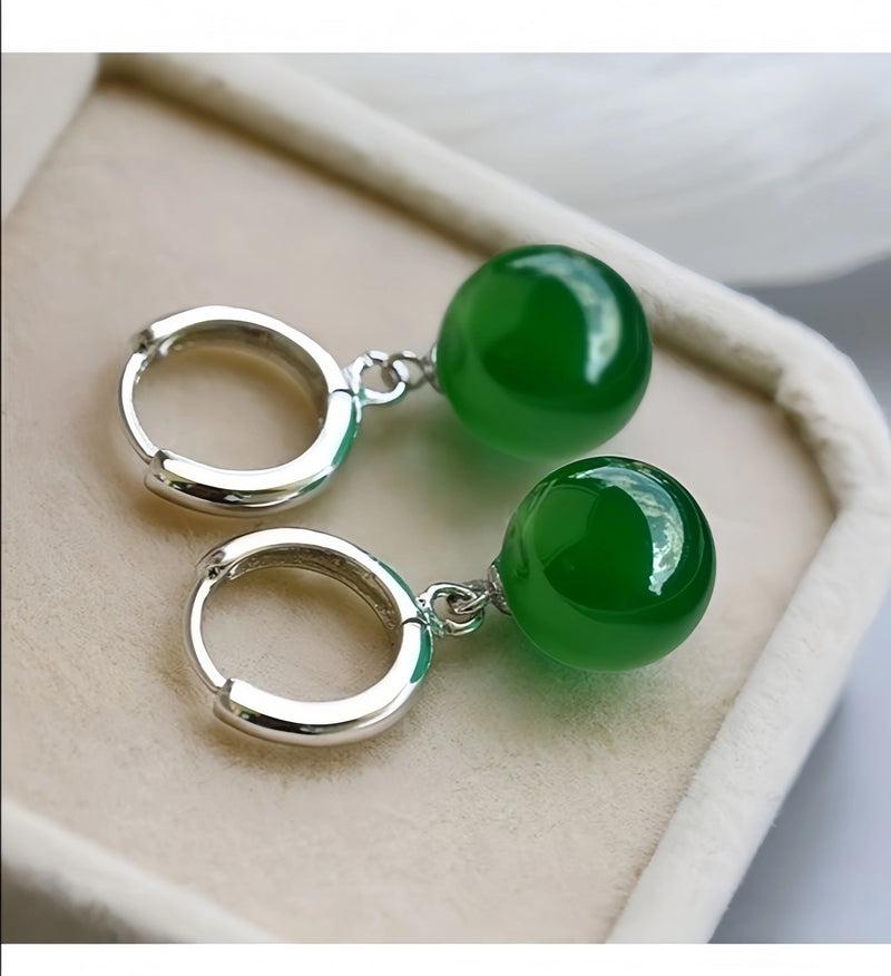 Sterling Silver Green Agate Round Dangle Earrings for Women