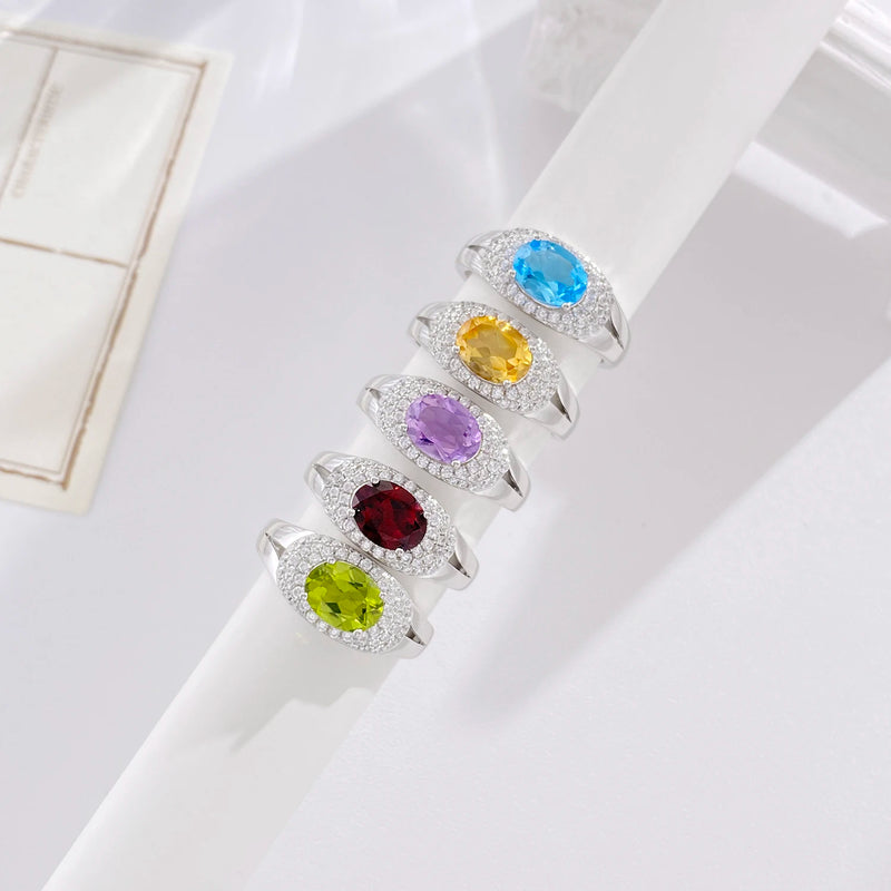 925 Sterling Silver Natural Amethyst, Topaz, Garnet, Citrine & Peridot Cubic Zircon Ring for Women