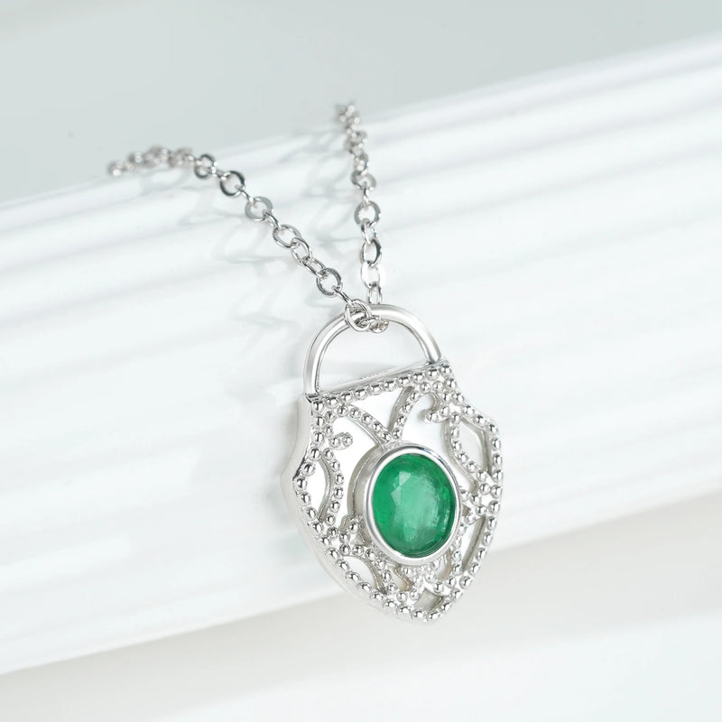 Sterling Silver Lock Shield Pendant with Green Emerald Inlay for Women