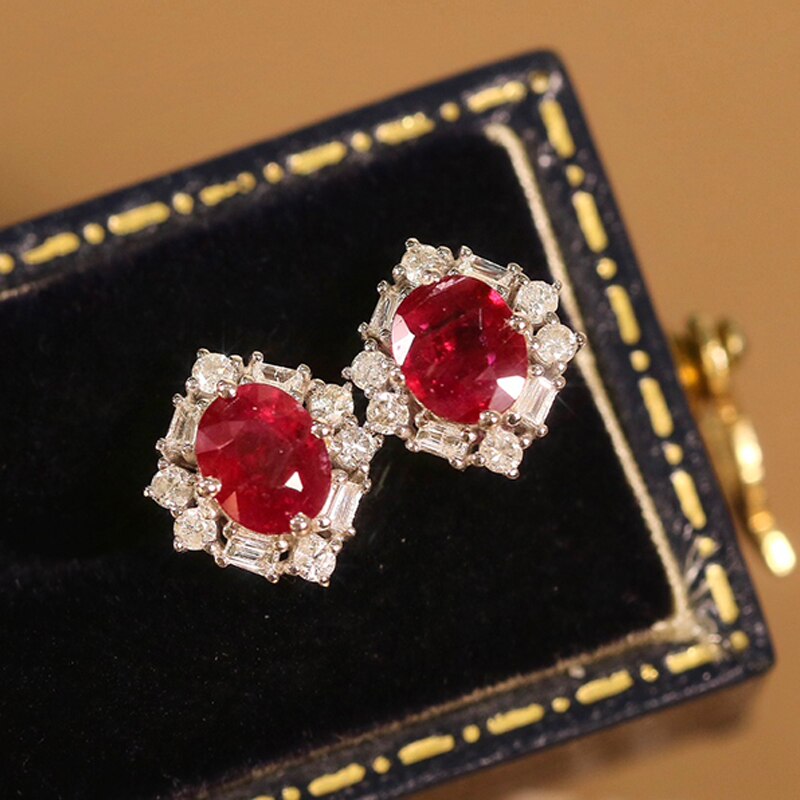 18K White Gold Ruby and Diamond Flower Earrings for Women