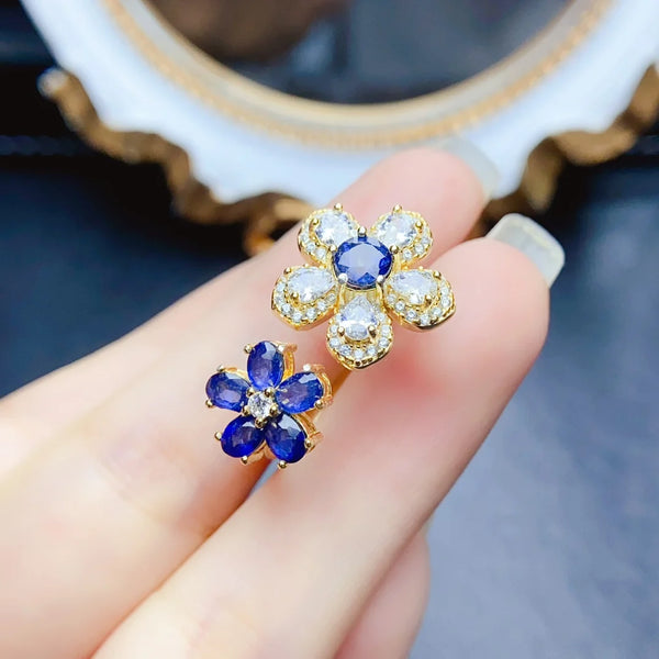 Sterling Silver Natural Sapphire Flower Ring for Women