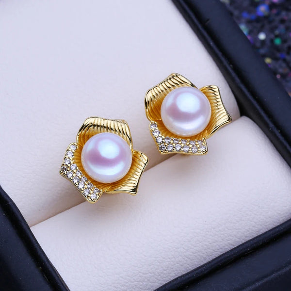 Gold Color Cultured Freshwater Pearl Heart Stud Earrings for Women