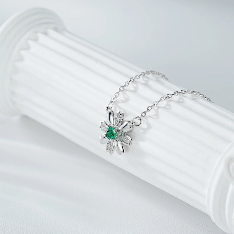 925 Sterling Silver Emerald Chrysanthemum Pendant Necklace for Women