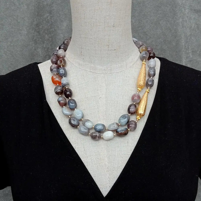 Gold Plated Botswana Sardonyx Agate Two Strand Necklace for Women