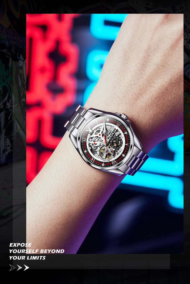 Stainless Steel Skeleton Automatic Mechanical Watch for Men