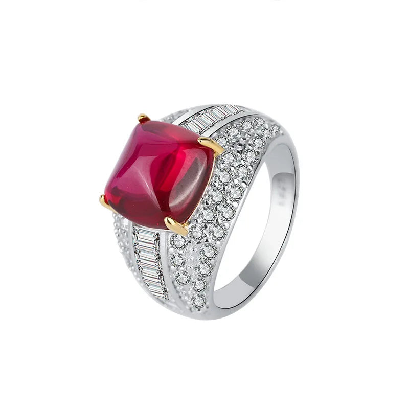 Sterling Silver Pigeon Blood Red Gemstone Sugar Tower Ring Set for Women