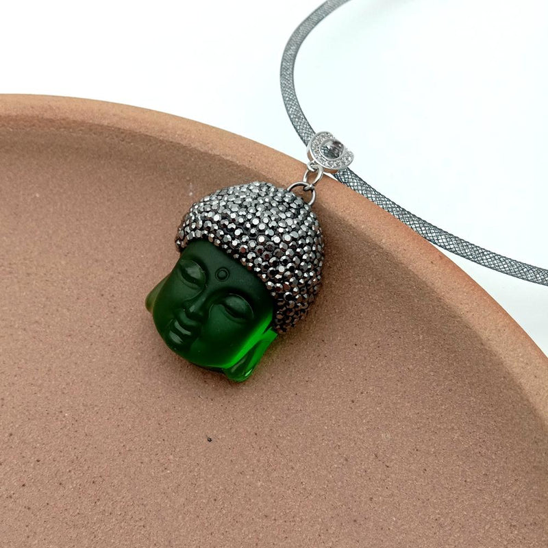 Y.YING Green Quartz Carved Buddha Pendant Black Rhinestone Pave Choker Necklace Jewelry Gift