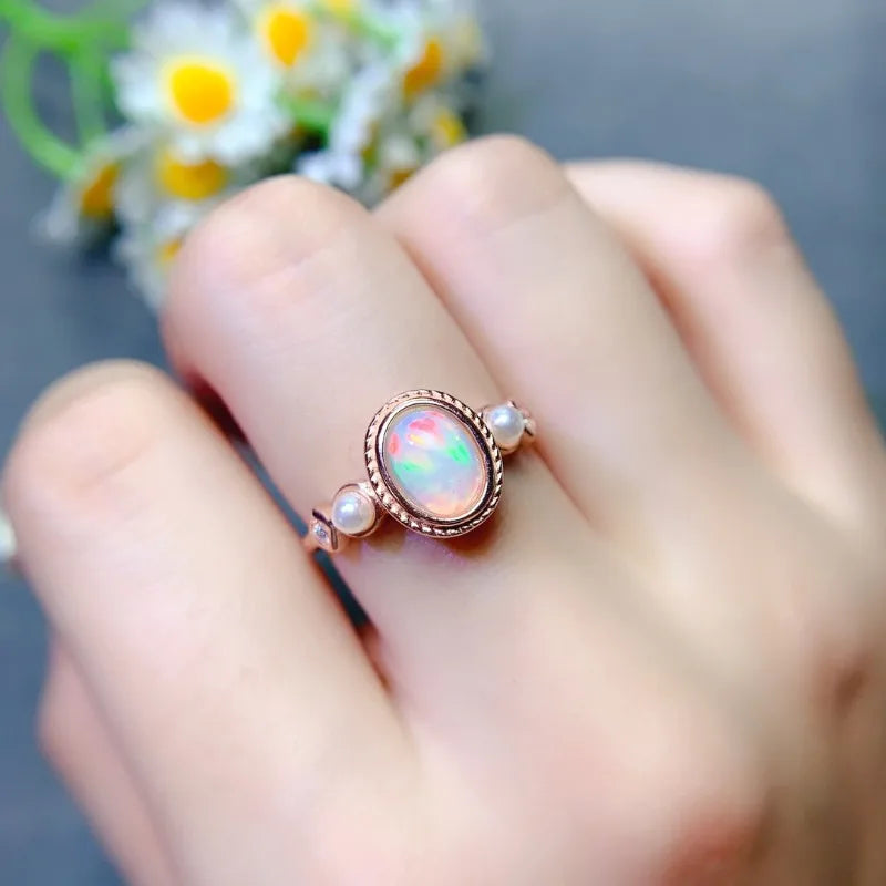 Silver Natural Opal Engagement Ring, 6x8mm, for Her