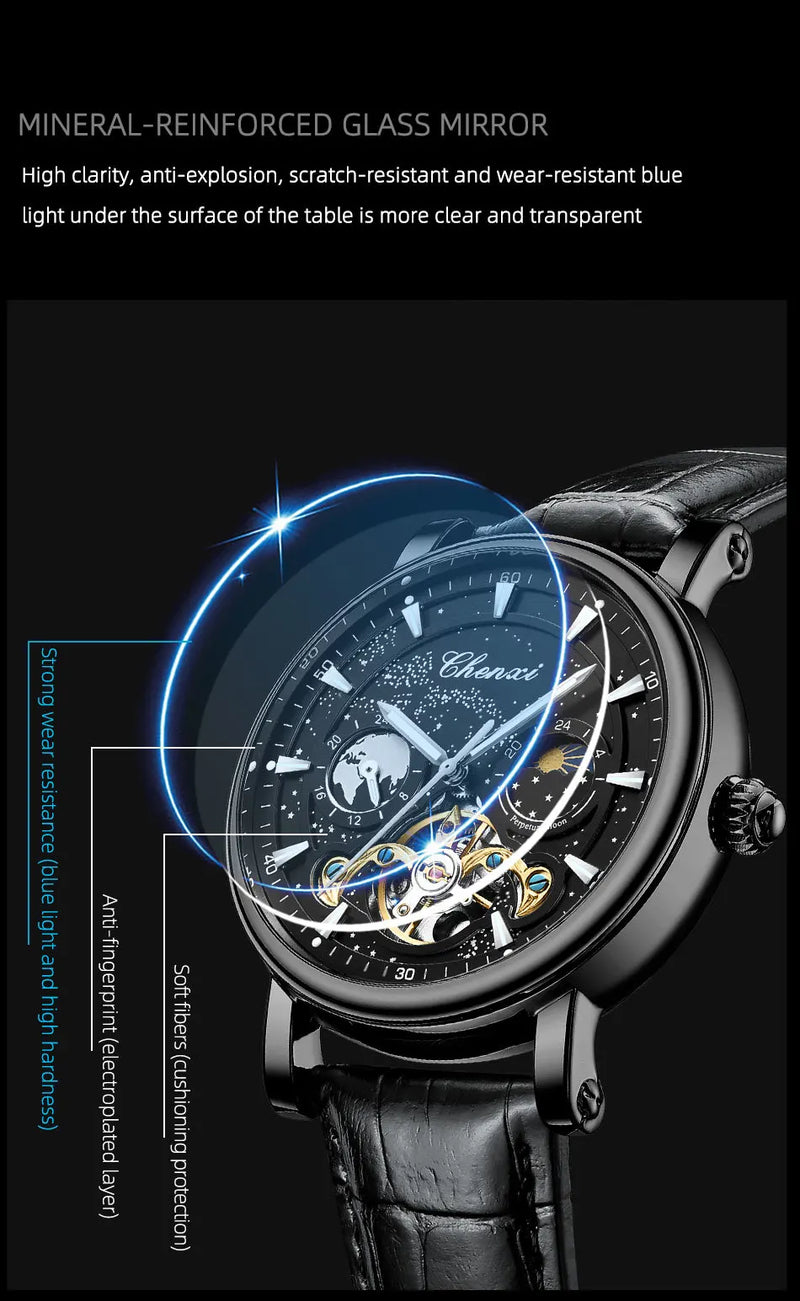 Stainless Steel Milky Way Moon Phase Hollow Flywheel Mechanical Watch for Men