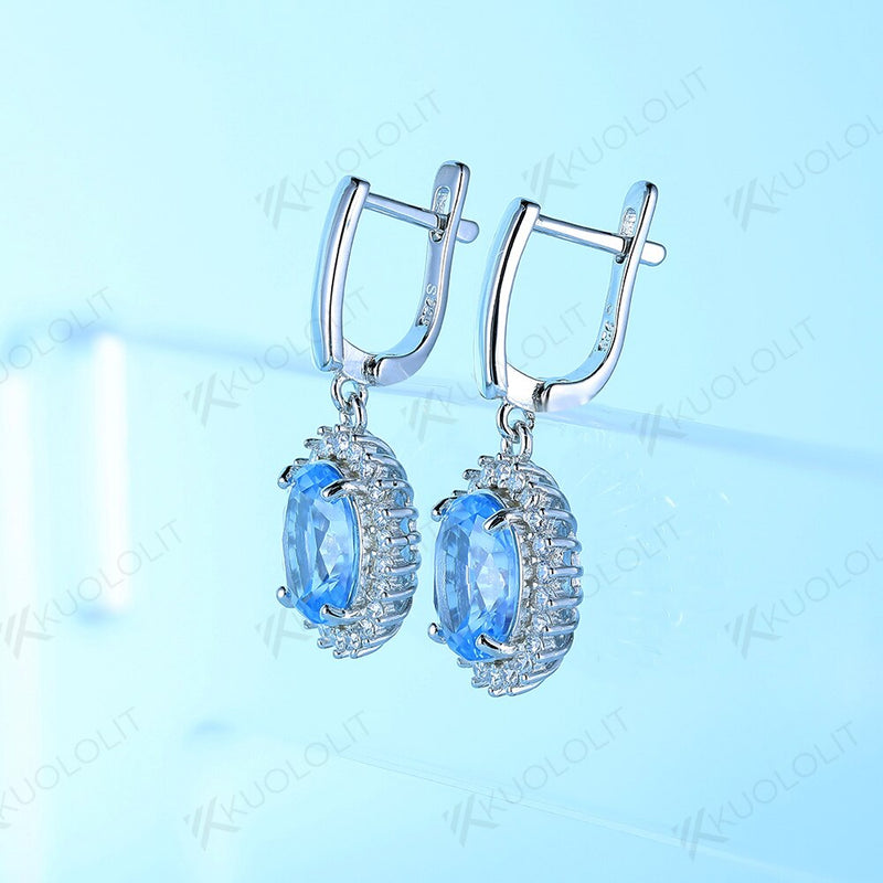 925 Sterling Silver Blue Topaz Oval Gemstone Clip Earrings for Women