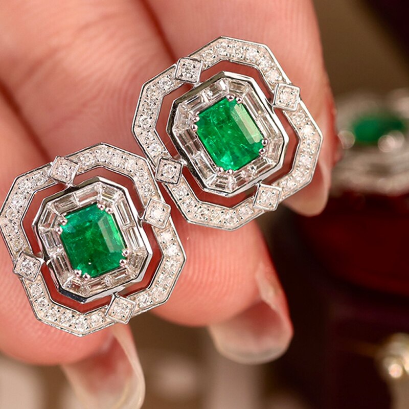 18K White Gold Emerald and Diamond Earrings for Women