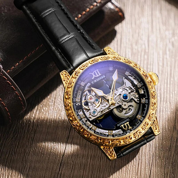 Stainless Steel Leather Strap Mechanical Skeleton Tourbillon Hollow Out Watch for Men