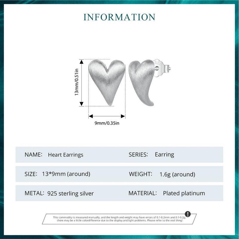 925 Sterling Silver Heart Stud Earrings, Platinum Plated for Women