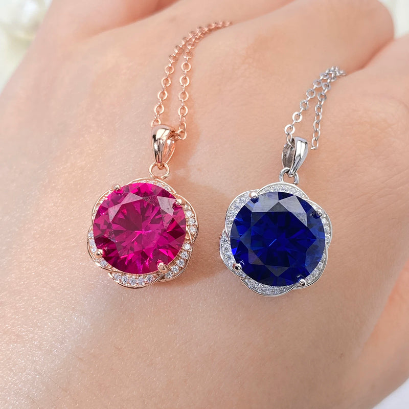 925 Sterling Silver Blue Red Corundum Flower Necklace for Women