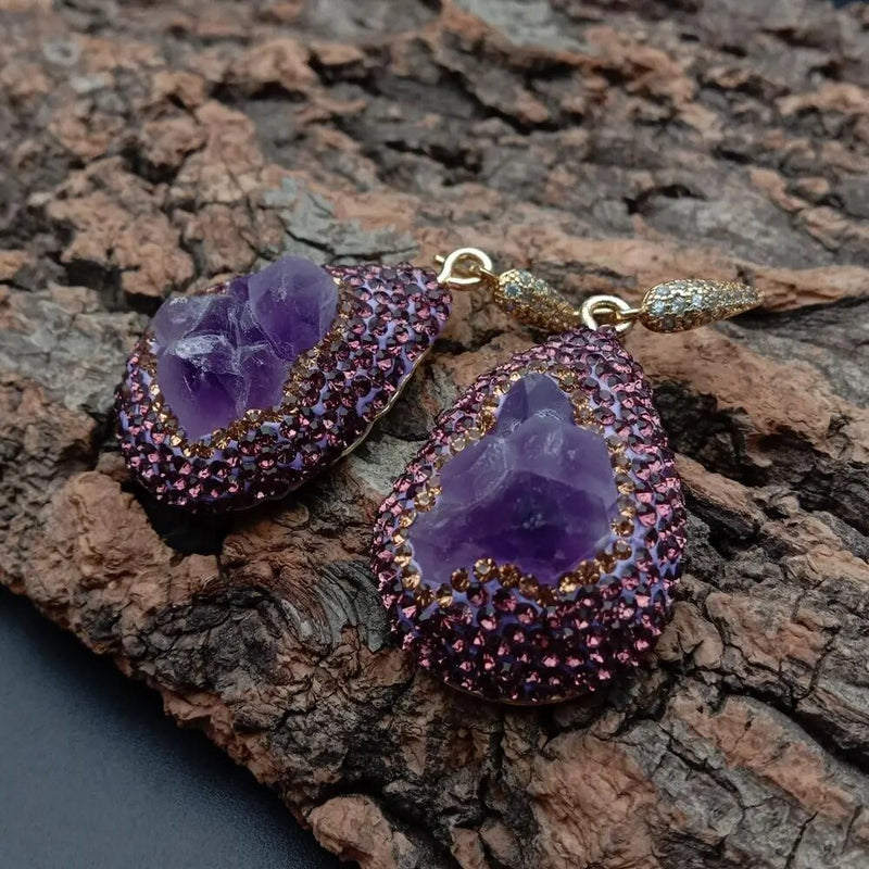 Sterling Silver Amethyst Rough Pave Dangle Earrings for Women