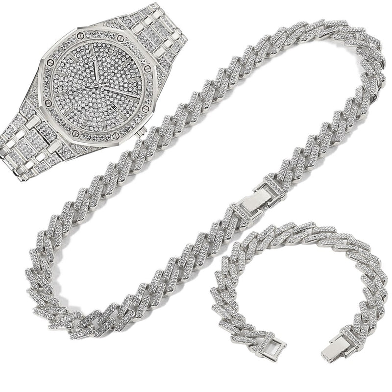 14k Gold Iced Out Diamond Wrist Watch and Chain Set for Men