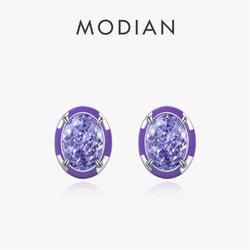 925 Sterling Silver Crushed Ice Oval Lavender Purple Enamel CZ Stud Earrings for Women