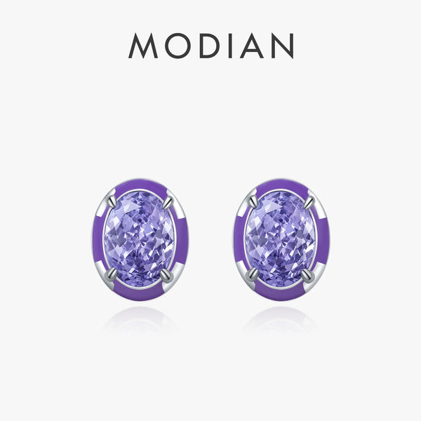 925 Sterling Silver Crushed Ice Oval Lavender Purple Enamel CZ Stud Earrings for Women