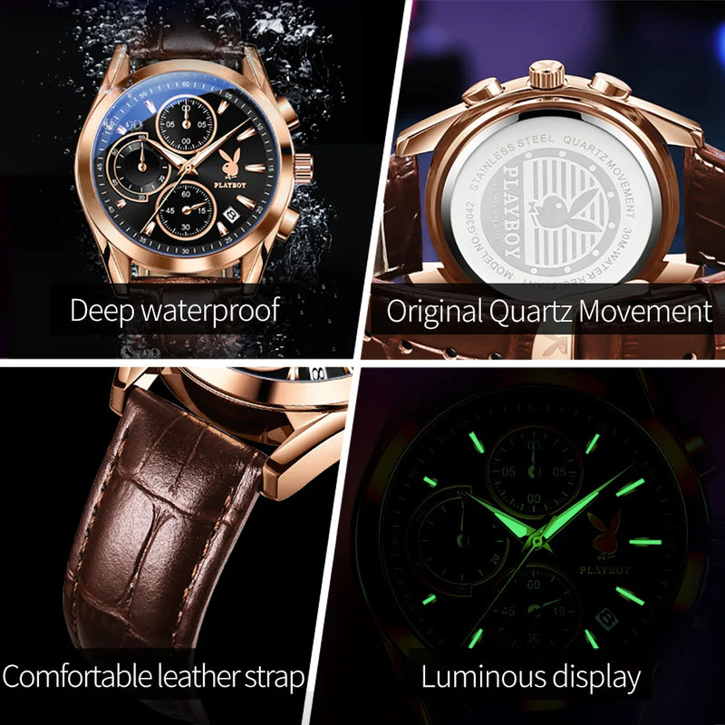 Stainless Steel Leather Strap Chronograph Luminous Quartz Watch for Men