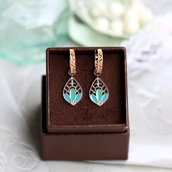 Sterling Silver Drop Earrings with Enamel Peacock Feather Pattern for Women