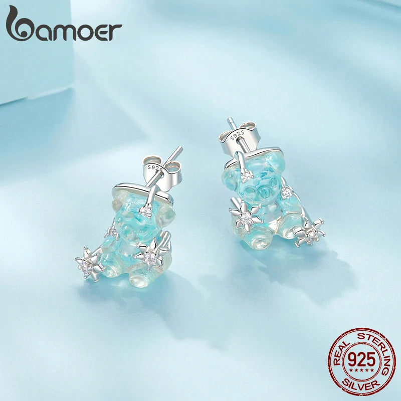 Sterling Silver White Gold Plated Cute Bear Stud Earrings for Women