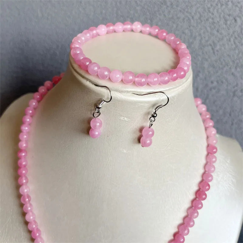 Yellow Gold Peach Pink Jade Jewelry Set Necklace, Earrings, Bracelet, Chain, Choker for Women