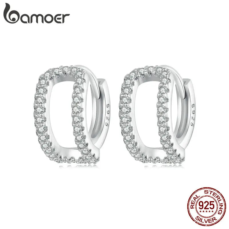 White Gold Plated Sterling Silver Huggie Hoop Earrings with CZ Sparkle for Women