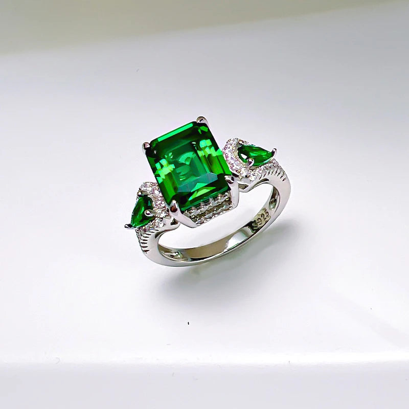 925 Silver Green Tourmaline Emerald Cut Ring for Women