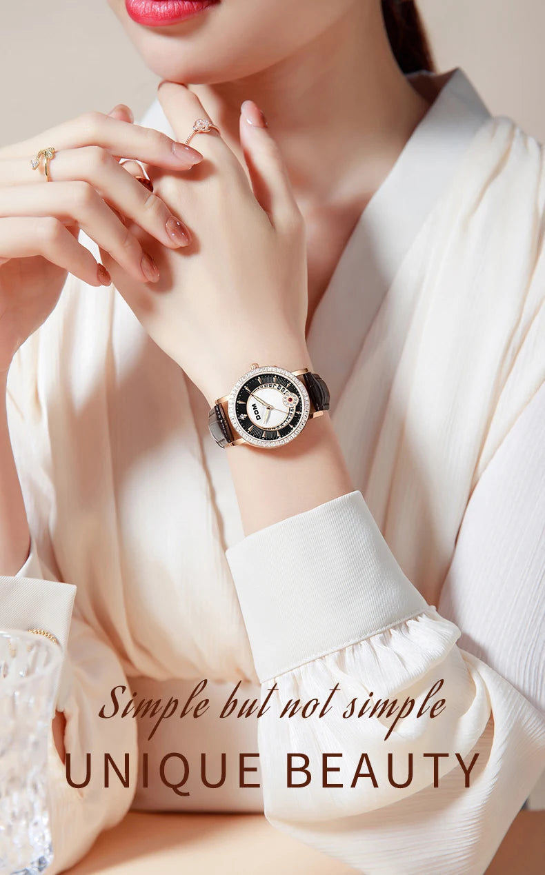 Black Diamond Quartz Leather Watch for Women