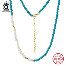 14K Gold Turquoise & Shell Pearl Chain Necklace for Women