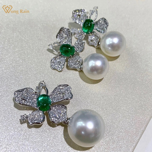 Wong Rain 925 Sterling Silver 9-10MM Natural Pearls Emerald High Carbon Diamond Gems Pendant Necklace/Earrings Jewelry Sets