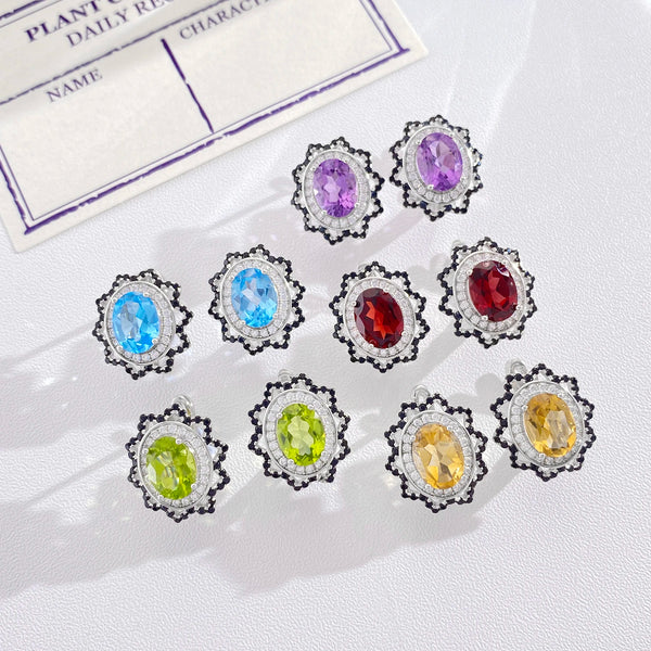 S925 Silver Natural Gemstone Amethyst Peridot Garnet Topaz Citrine Stud Earrings for Women