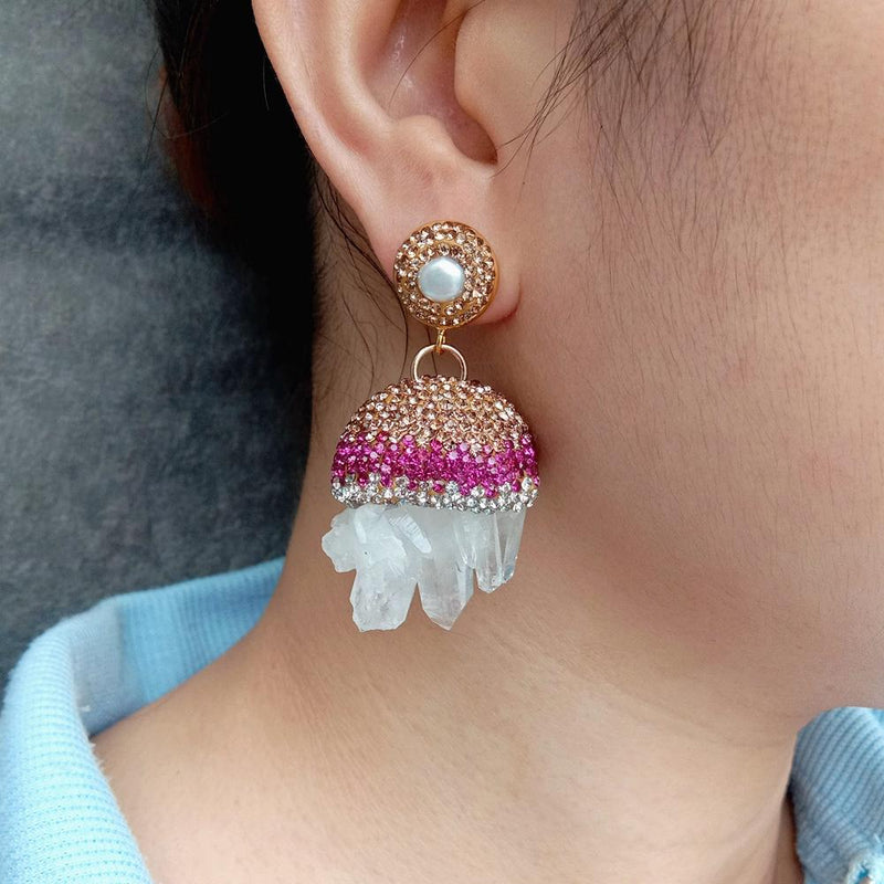Sterling Silver Natural White Quartz Druzy Raw Dangle Earrings for Women