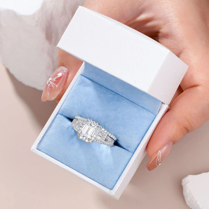 925 Sterling Silver Emerald Cut Cubic Zircon Engagement Ring Set for Women